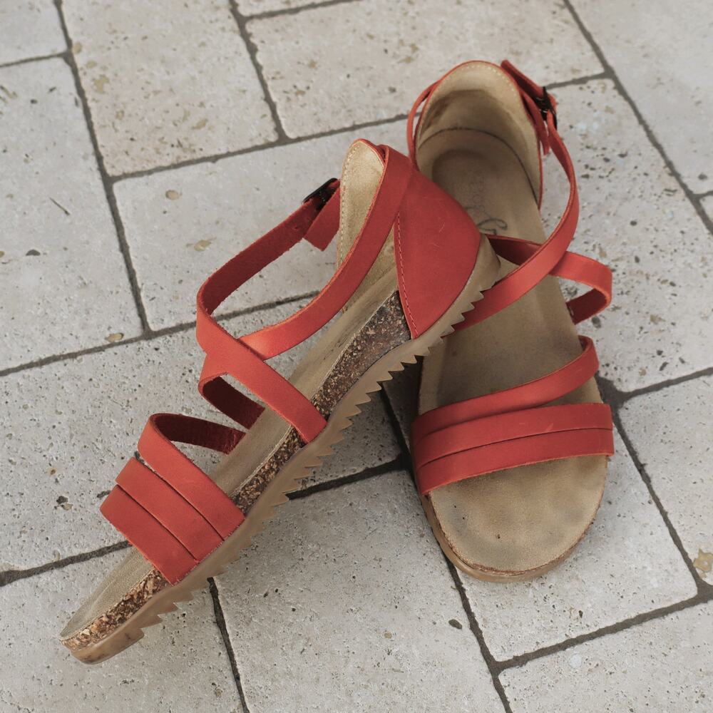 Bos & Co Sandals Leather Orange Strappy Cork Sole Made in Italy Size 37/6 - Picture 2 of 15